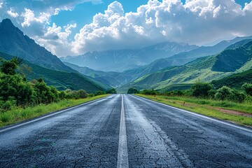 Naklejka premium A paved highway surrounded by lush mountains and a cloudy sky.