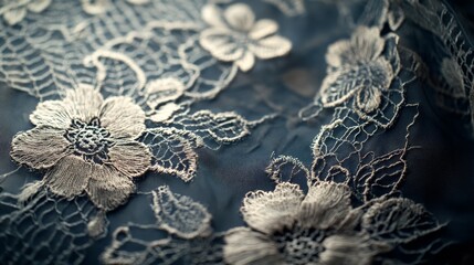 Close-up of delicate floral lace fabric showcasing intricate patterns and fine craftsmanship, perfect for fashion, textile, and decor use.