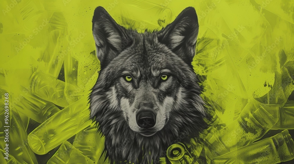 Poster intense and captivating digital art of a wolf set against a neon yellow background. the fierce expre