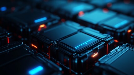 Fototapeta premium Close-up of futuristic technology circuits with glowing neon lights and dark background, ideal for tech or sci-fi themes.