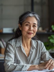 An Asian woman in her forties promotes sustainable living, reducing carbon emissions, promoting renewable energy, conserving water, minimizing waste, and embracing eco-friendly habits at her desk.