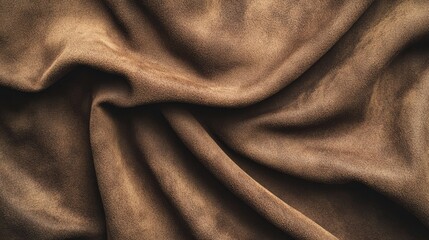 Close-up of luxurious brown suede fabric with soft folds, creating a rich, textured background for fashion, upholstery, or design projects.