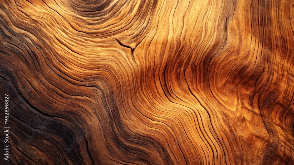 Poster close-up of natural wood grain texture with swirling patterns and warm hues, perfect for background 