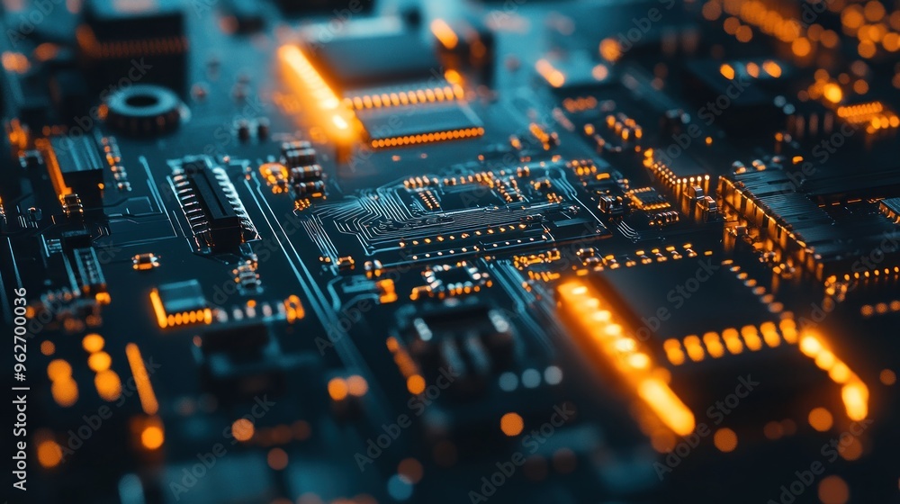 Poster close-up of a circuit board with glowing components, showcasing technology and innovation.