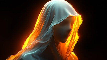 A ghostly figure shrouded in a flowing white cloth, illuminated by a warm orange glow.