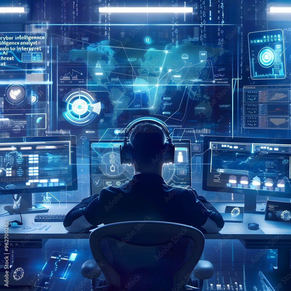 Poster a lone individual working at a digital command center, surrounded by glowing screens displaying real