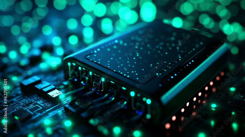 Poster close-up view of a microchip on a circuit board with green led lights, showcasing modern technology 