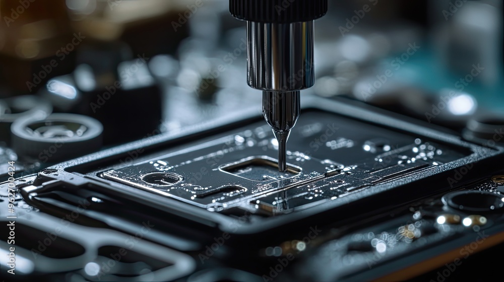 Poster close-up of a precision tool applying liquid to a circuit board during electronic assembly.