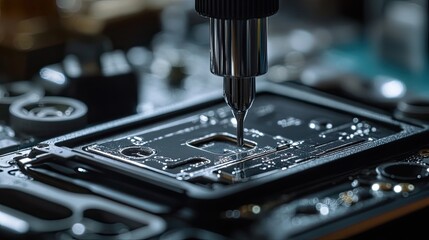 Close-up of a precision tool applying liquid to a circuit board during electronic assembly.