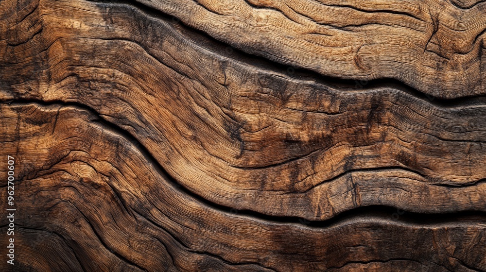 Poster Close-up view of natural wooden texture with rich earthy tones and intricate patterns, ideal for backgrounds and design projects.