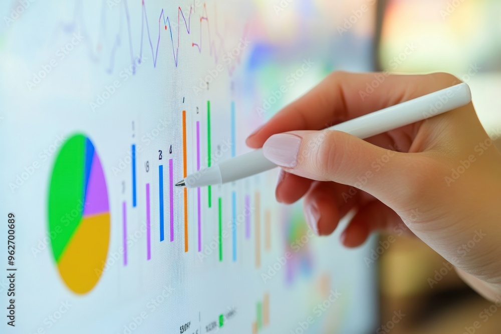 Poster analyzing data on a computer screen