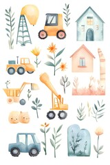 Minimalist Watercolor of Various Friendly Industries for Nursery or Baby Shower Decor