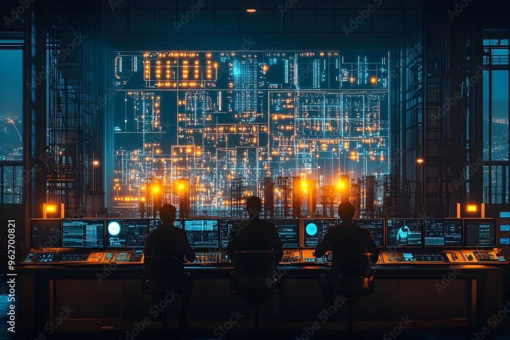 Poster engineering team monitoring power grid crisis in control room with futuristic data displays