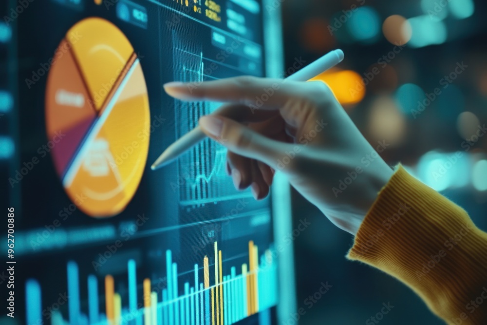 Poster analyzing data and graphs on a computer screen