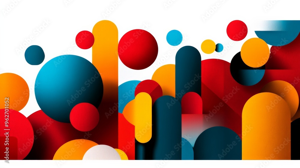 Poster colorful abstract geometric shapes in a modern design with circles and cylinders creating a vibrant,