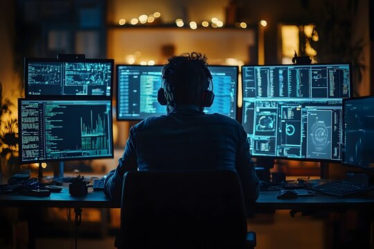 Cybersecurity Expert Monitoring Multiple Screens for Digital Security Breach
