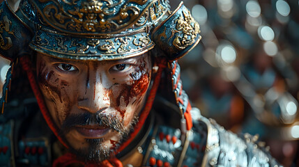 Fototapeta premium Samurai Warrior Close Up with Bloodstains on Face Illustration