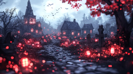 A cobblestone path leads through a village graveyard, lit by glowing red lanterns.