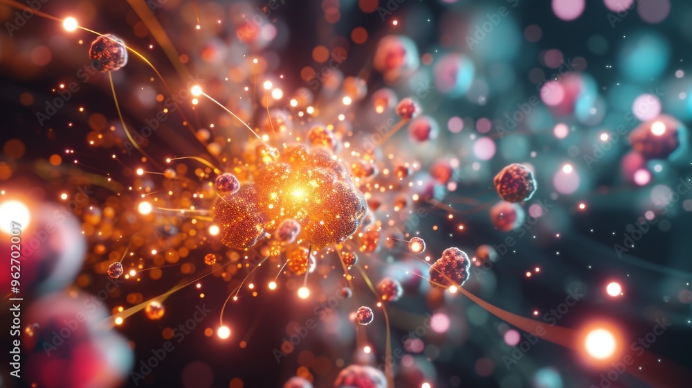 Poster an intricate close-up view of glowing particles forming a vibrant molecular structure. the dynamic a
