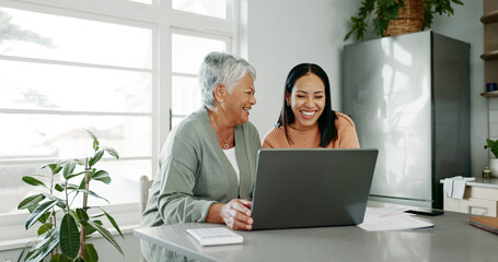 Senior mother, daughter and connection with laptop for retirement or estate planning. Female...