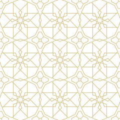 Arabic geometric pattern consisting of interlocking golden lines on a white background. Suitable for various creative projects or decorative elements.