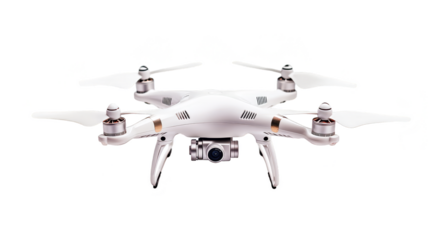 White drone with propellers and camera isolated transparent background