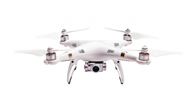 White drone with propellers and camera isolated transparent background