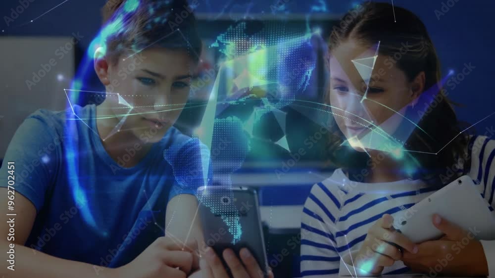 Poster digital globe and data network animation over children using tablets
