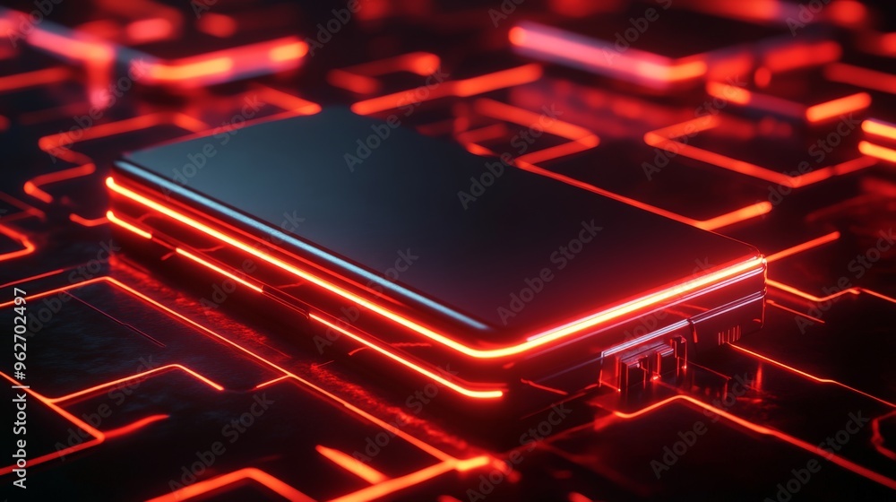 Poster futuristic smartphone design with red neon lights on a digital circuit board, representing technolog