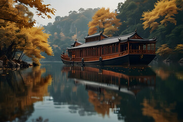 Fototapeta premium An ancient chinese yacht sail on river and there is yellow leaves on the shore
