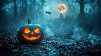 Naklejka premium A jack-o'-lantern glows in a spooky forest setting.