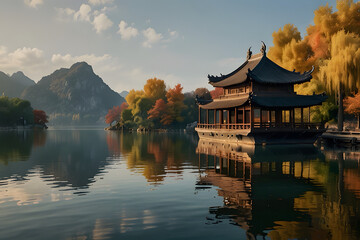 Fototapeta premium A river , a boat and beautiful mountain