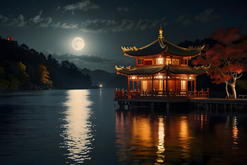 Obraz premium Ancient chinese building and red leaves on lake