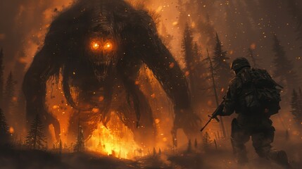 A night scene in the forest where a soldier encounters a large, menacing creature with glowing eyes and tentacles that looks like a giant mutant monster.