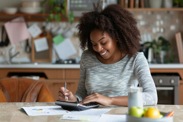 Happy African-American woman calculating managing household finances at home. Focused young woman make calculations on calculator paying bills. Finance and credit concept