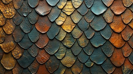 High-resolution close-up of multicolored reptile scales, showcasing texture, pattern, and vibrant earthy tones.