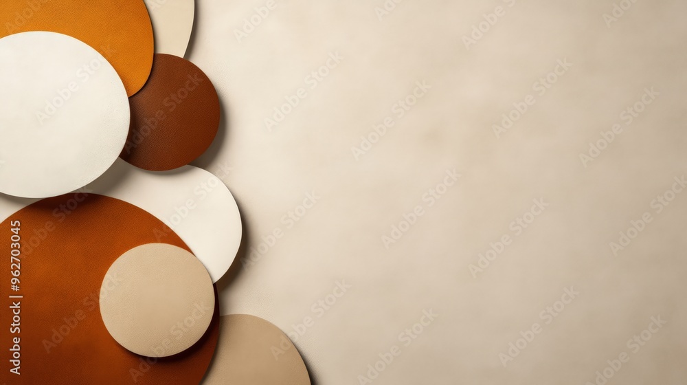 Poster minimalist abstract background with overlapping brown, beige, and white circles on a textured surfac