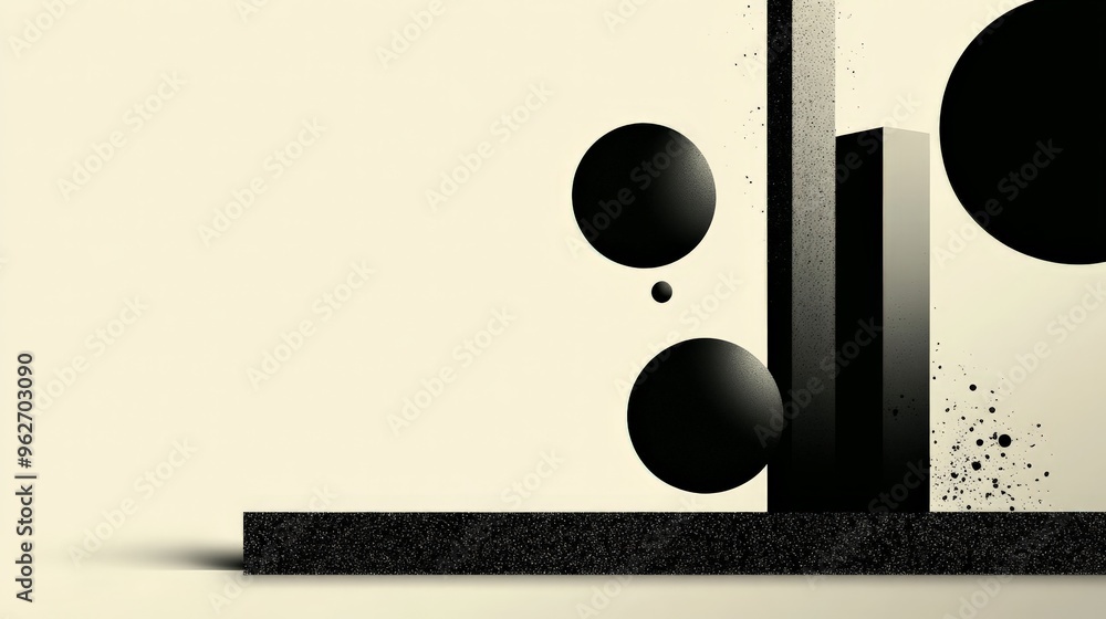 Poster modern abstract composition with geometric shapes in black on a pale background, creating a minimali