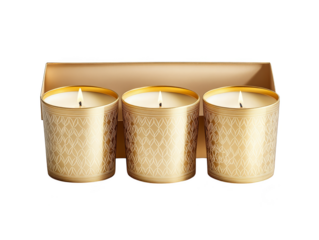 Three Gold Scented Candles with White Wicker Design in Box