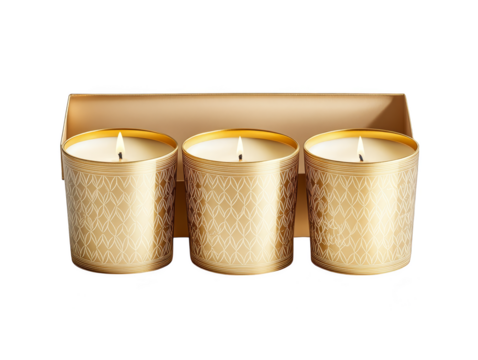 Three Gold Scented Candles with White Wicker Design in Box