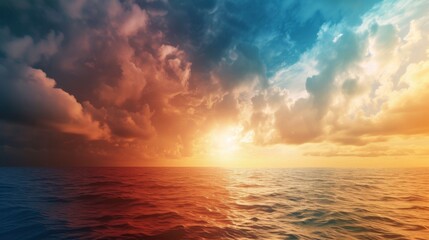 Fototapeta premium Captivating image of a sunset over the ocean, featuring dramatic, colorful clouds in a stunning sky. The serene water reflects the vibrant hues, creating a peaceful and picturesque scene perfect for