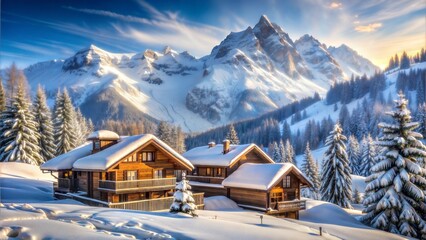 Cozy Alpine Chalet Surrounded by Snowy Peaks in a Serene Winter Setting