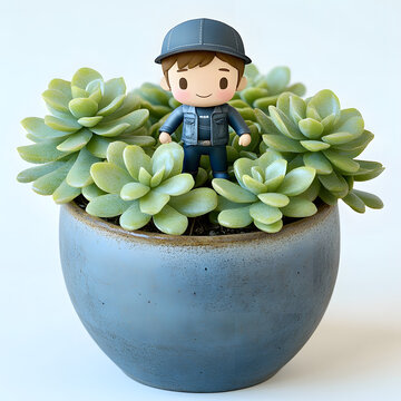 Miniature cute chibi kawaii guy inside wearing jeans & hat an indoor flower pot succulent plants blue clay pot on white background 