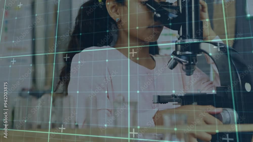 Poster grid and data points animation over girl using microscope in laboratory