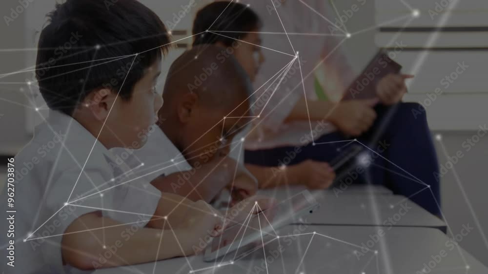 Poster studying in classroom, children with network of connections animation over them