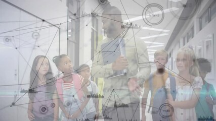 Teacher walking with students in school hallway, network connections and data charts animating