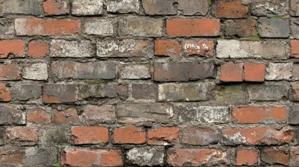 Old brick wall with a rustic, weathered appearance, showing a mix of red and gray bricks, perfect for background or texture.