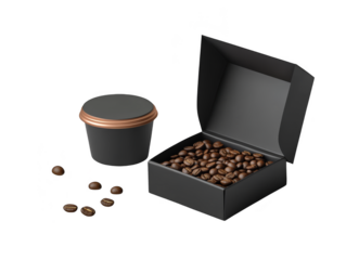 Coffee Beans in Black Box and Cup Mockup