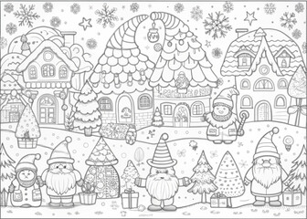 Obraz premium Whimsical Christmas Village with Elves for Coloring Books and Craft Projects
