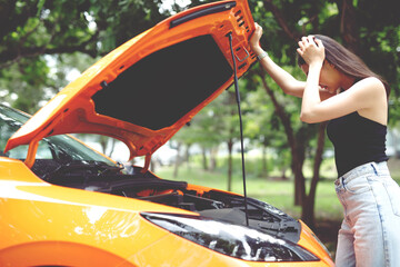 Naklejka premium lady stressed having trouble with her Stress broken car Engine room crash at failed engine Wait for help.